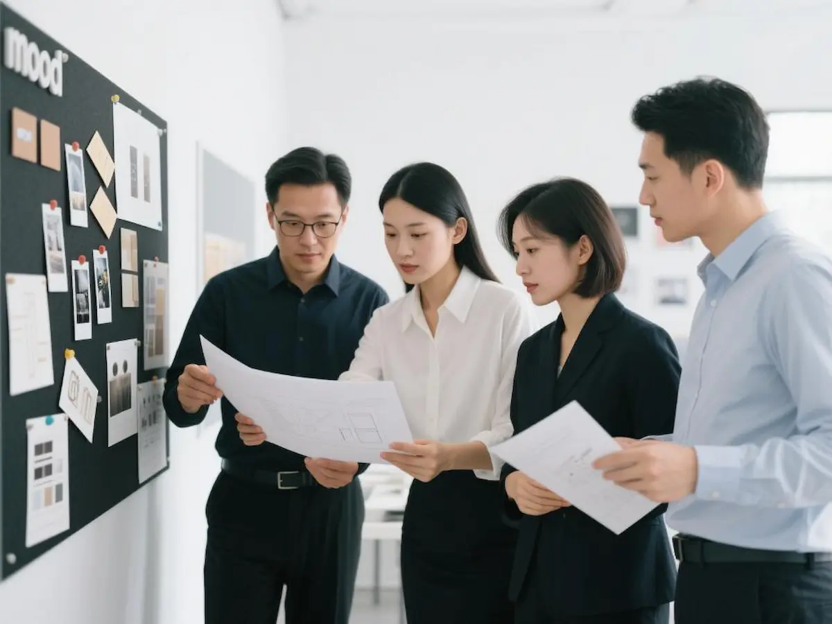 L'équipe de direction de SENDA Stickers examinant des conceptions de produits