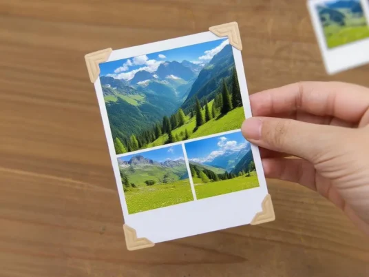 A hand holding an instant photo collage of mountain scenery, neatly secured with kraft paper photo corners over a wooden desk.