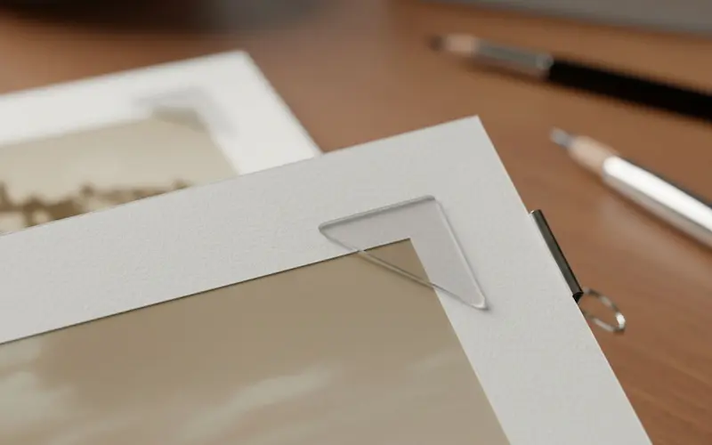 A close-up showing a photo safely mounted on cardstock with a clear photo corner, demonstrating the protective buffer method for DIY displays.