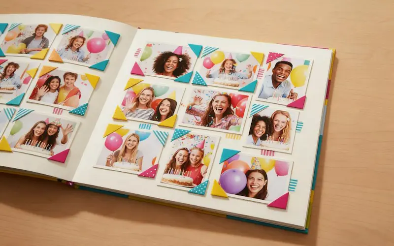 A vibrant scrapbook page showcasing how different archival-safe decorative photo corners can be used to create a beautiful and personal design.