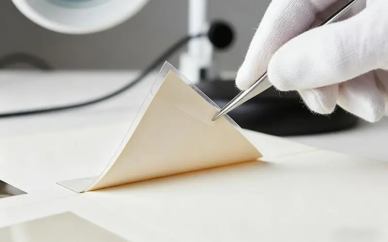 A close-up demonstrating a photograph being safely removed from a photo corner, showing the back of the photo is clean and free from adhesive damage.