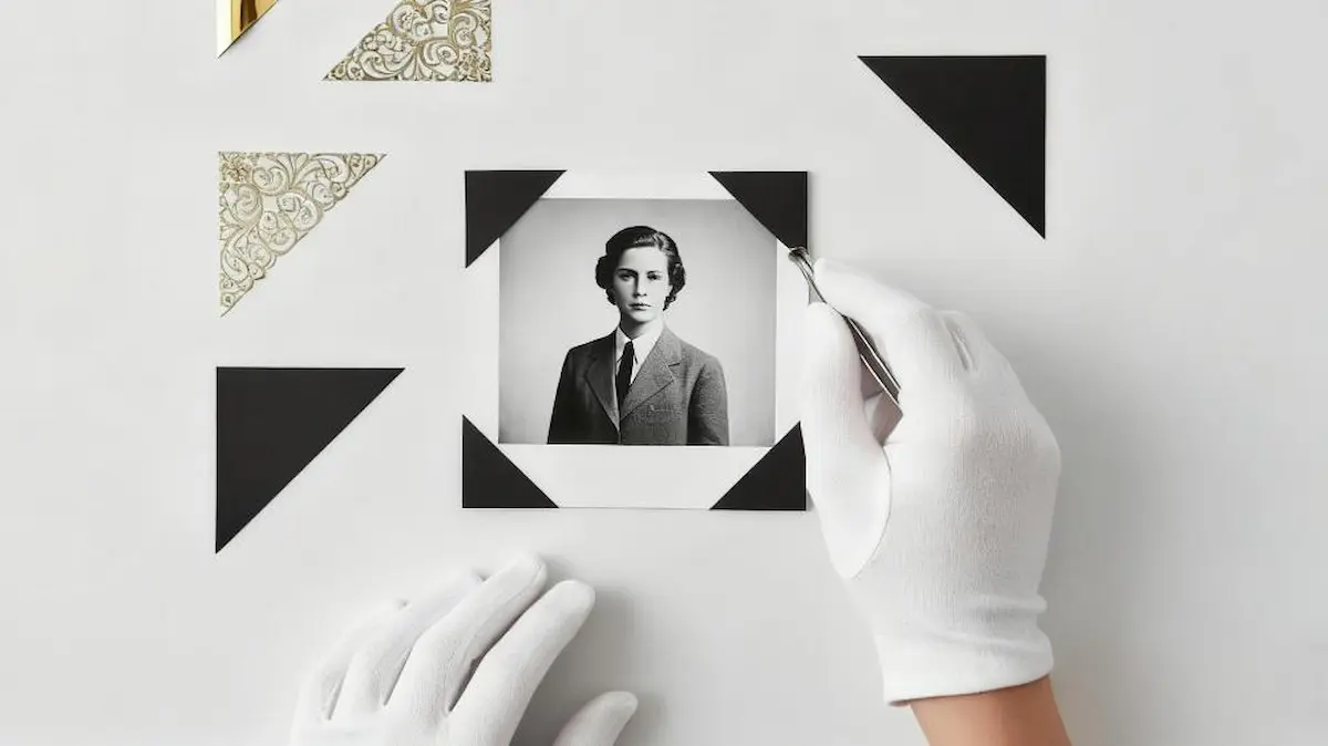 Une présentation plate stylée de divers coins de photo décoratifs, incluant des styles métalliques, vintage et colorés, montrant des tendances de design sûres pour les archives.