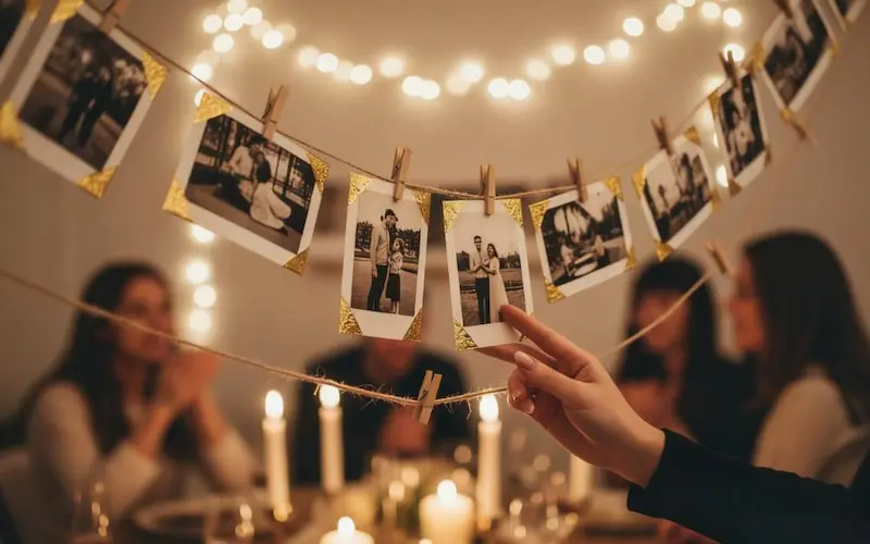 A guest admiring a beautiful photo garland at a wedding, where each photo is safely mounted on cardstock with decorative corners to allow for safe interaction.