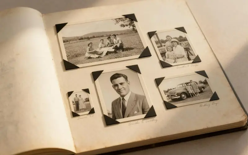 A perfectly preserved scrapbook page with multiple photos securely mounted with archival photo corners, showing the success of a long-term protection strategy.