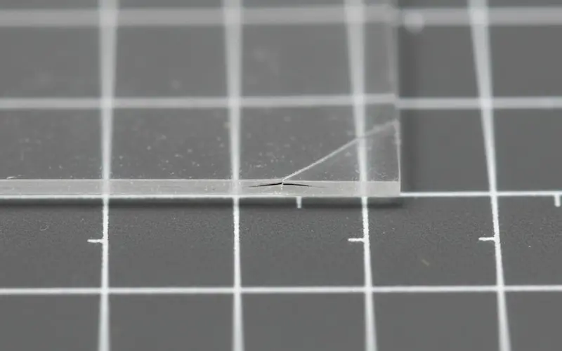 An extreme macro shot revealing a hairline crack along the fold line of a photo corner, illustrating a critical manufacturing defect.