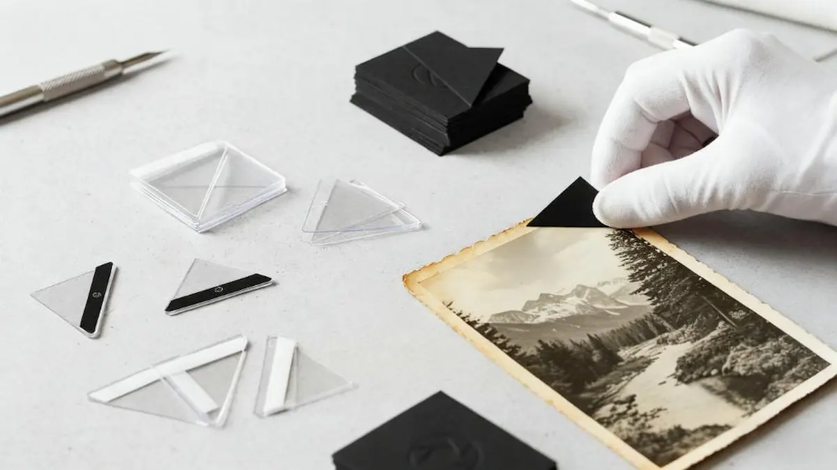 A detailed close-up of various high-quality photo corner materials, including clear polypropylene and acid-free paper, neatly arranged on an archivist's desk.
