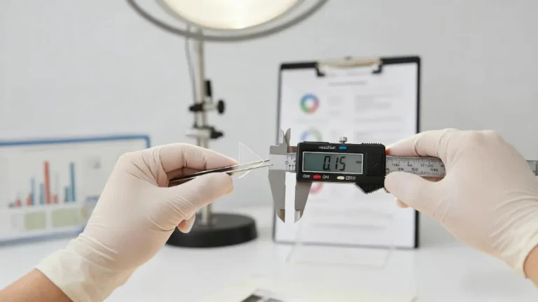A quality control expert using a digital caliper to measure the thickness of a photo corner, symbolizing a professional procurement and vetting process.