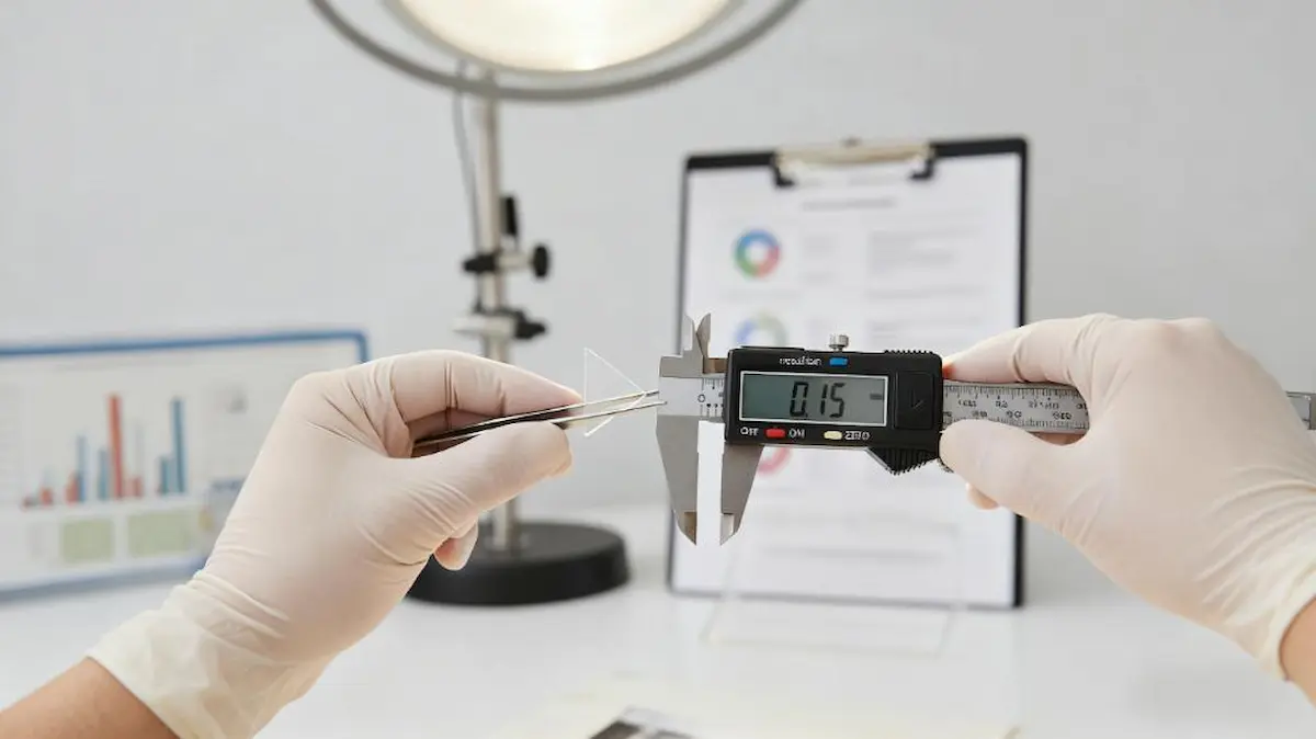 A quality control expert using a digital caliper to measure the thickness of a photo corner, symbolizing a professional procurement and vetting process.