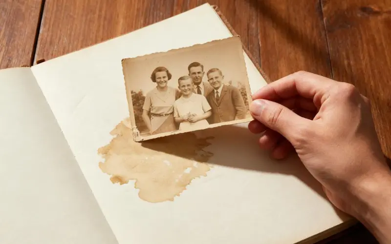 An old photograph in a scrapbook showing yellow staining and damage caused by non-archival glue.