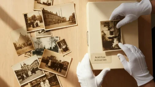 An archivist wearing white gloves carefully places a vintage photograph onto a clearly labeled "Acid-Free, Archival Safe" storage box.
