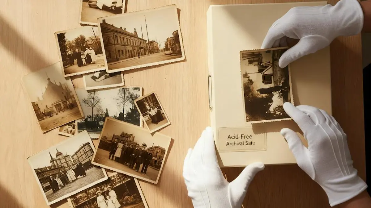 Un archiviste portant des gants blancs place soigneusement une photographie vintage dans une boîte de stockage clairement étiquetée "Sans Acide, Sûr pour les Archives".