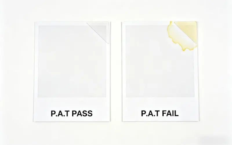 A side-by-side comparison showing the result of a P.A.T. test, with a passed sample being clean and a failed sample causing chemical stains on a photo.