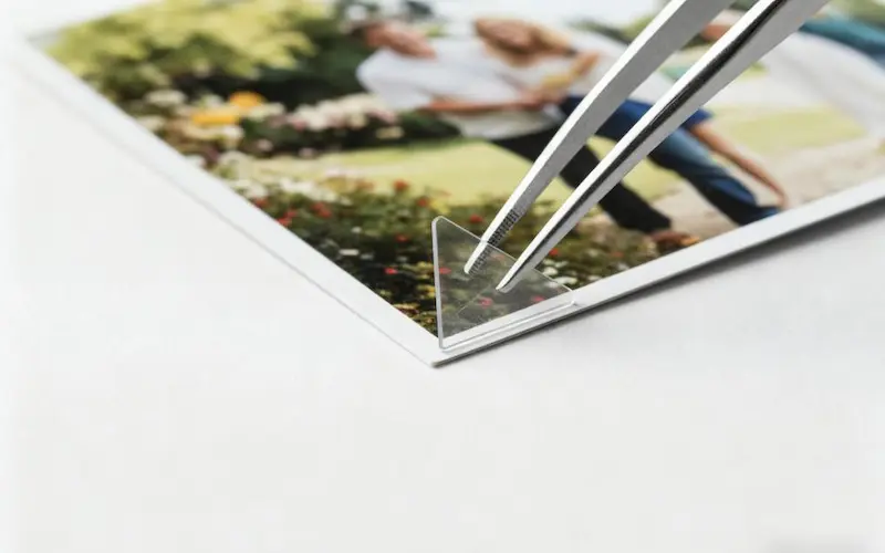 A close-up showing the clean and precise application of an archival-safe photo corner with tweezers.