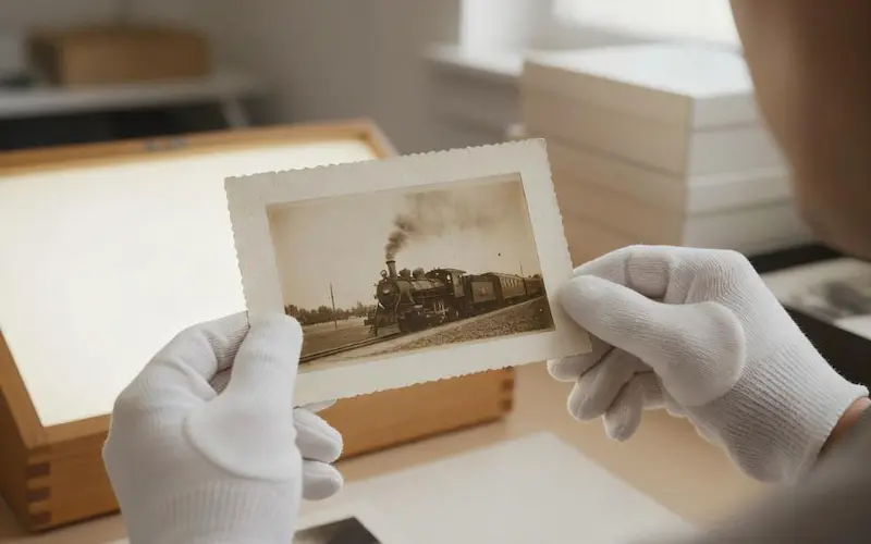 Close-up of hands in white cotton gloves properly holding an old photograph by its edges to prevent damage.