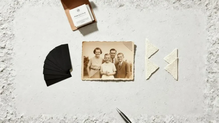 An overhead view of different types of high-quality photo corners, including clear polypropylene and black acid-free paper, arranged on an expert's desk.
