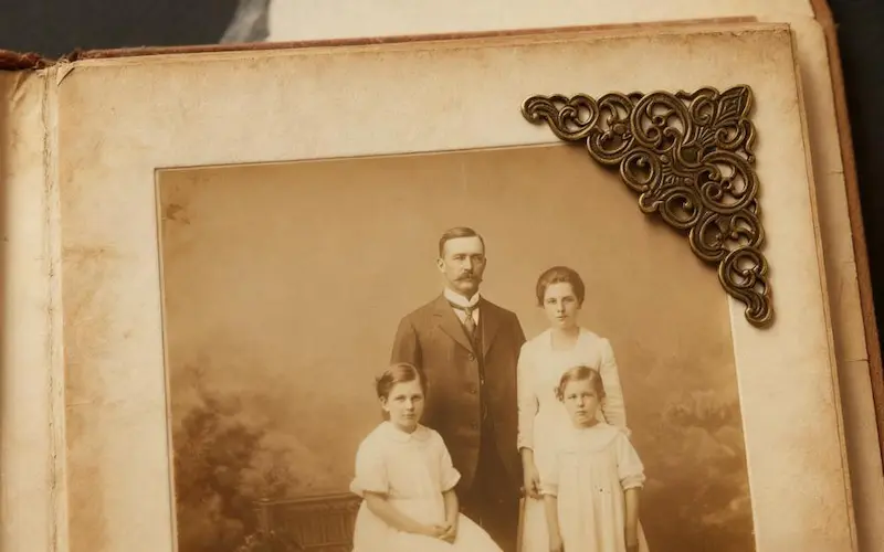 A close-up of a vintage-inspired photo corner with an ornate pattern on an old family photograph, showcasing a nostalgic design trend for heritage albums.